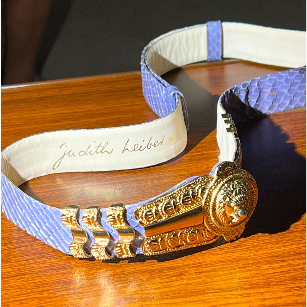 Vintage Judith Lieber genuine snakeskin leather belt/gold plate lion head buckle